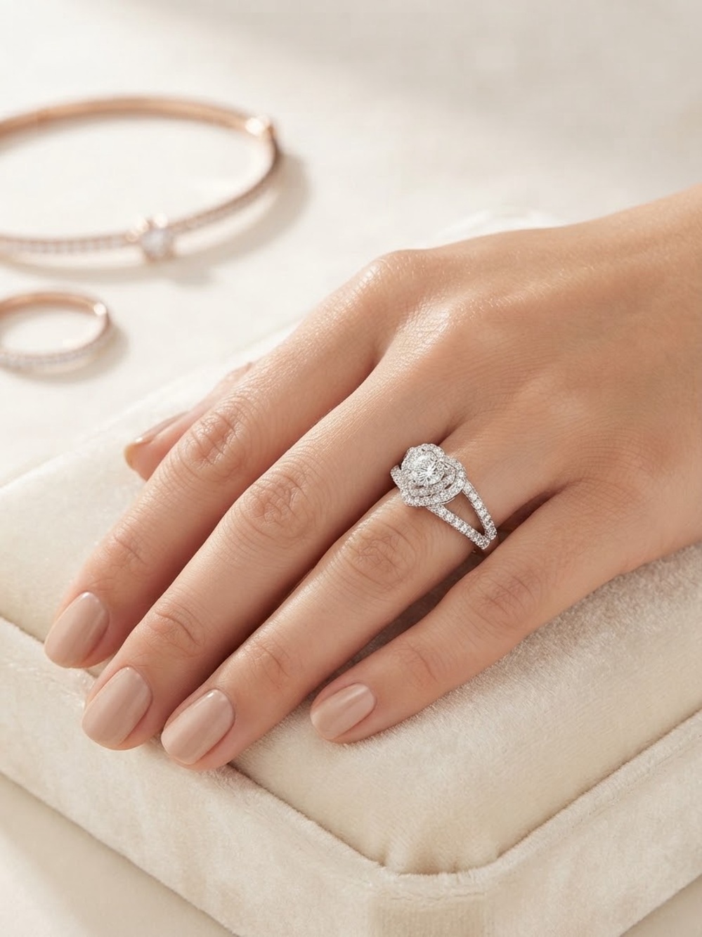 Sparkling Silver Halo Split-Shank 925 Silver Ring Size 7